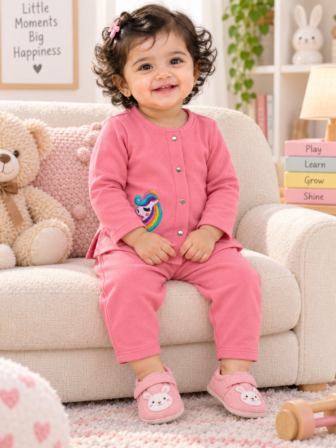 Pspeaches Baby Girls Western Pink Cotton Rib Full Sleeves Round Neck Solid Embroidered Top with Pant 2 Piece Set ( Sku-Ing-S-Coordpink )
