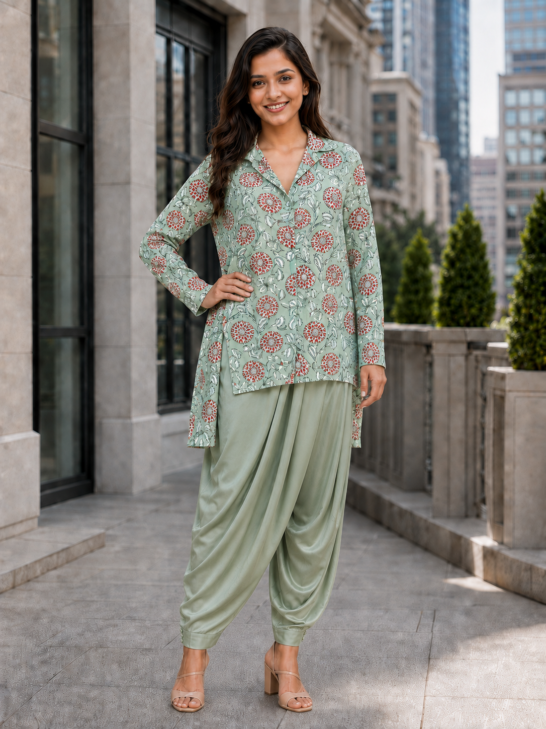 Women’s Green Floral Satin High-Low Top