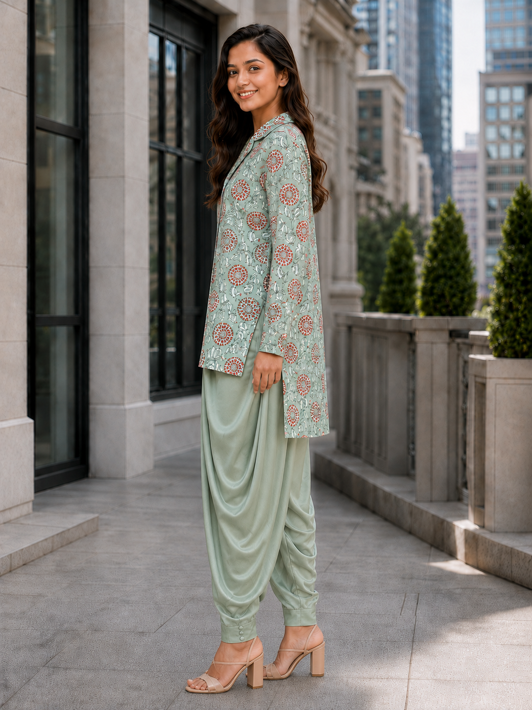 Women’s Green Floral Satin High-Low Top