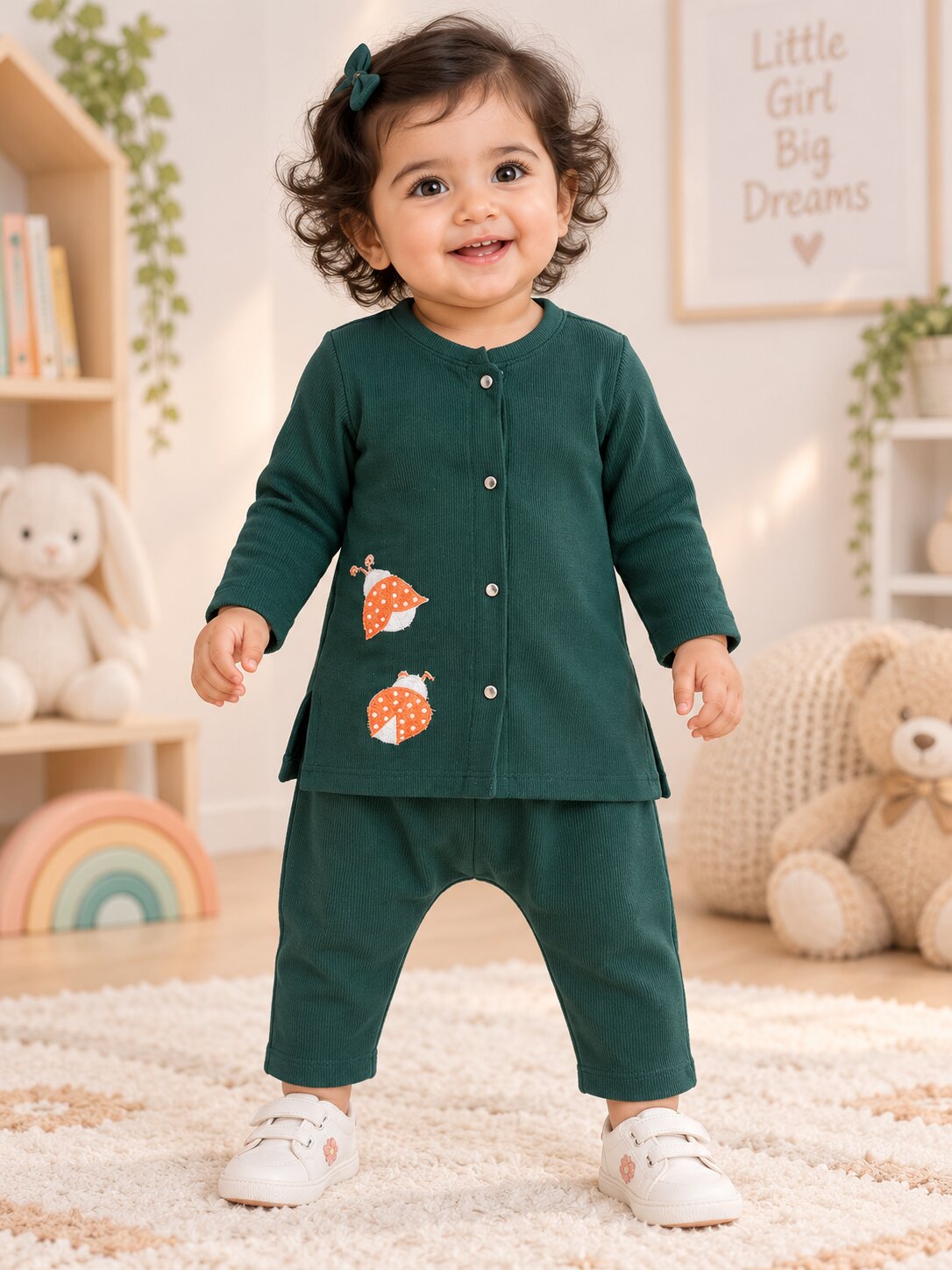 Pspeaches Baby Girls Western Dark Green Cotton Rib Full Sleeves Round Neck Solid Embroidered Top with Pant 2 Piece Set ( Sku-Ing-S-Coordgreen )