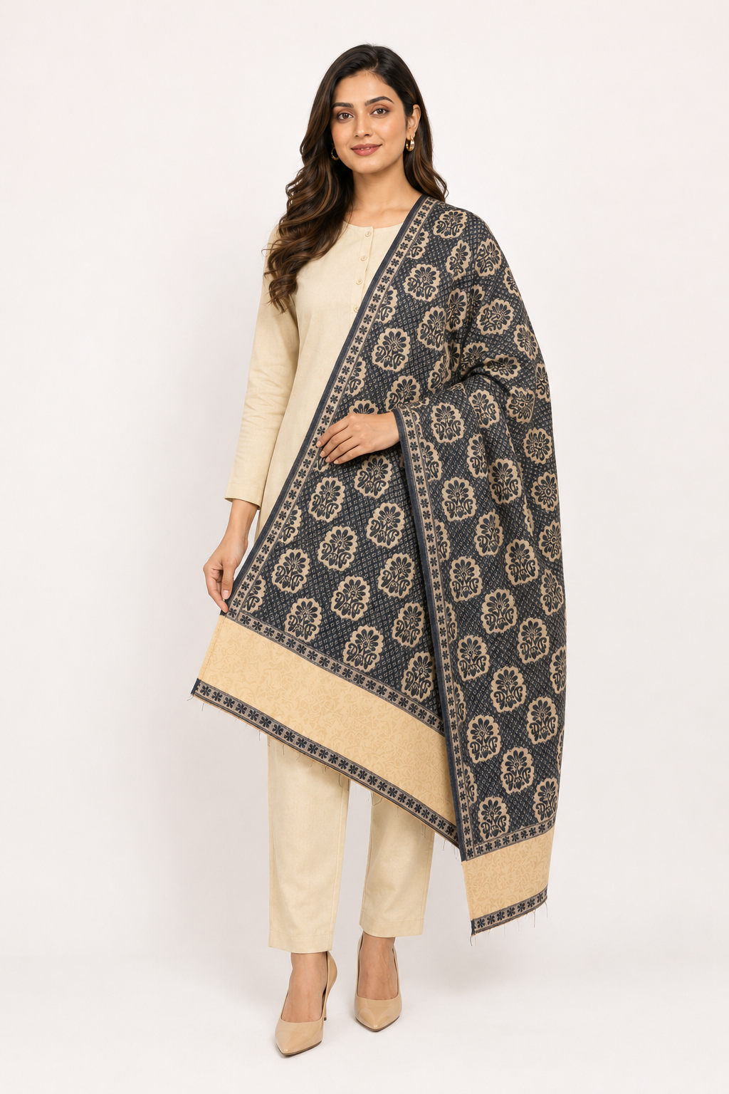 Pspeaches Women's Navy Blue Acrylic Raised Floral Woolen Shawl