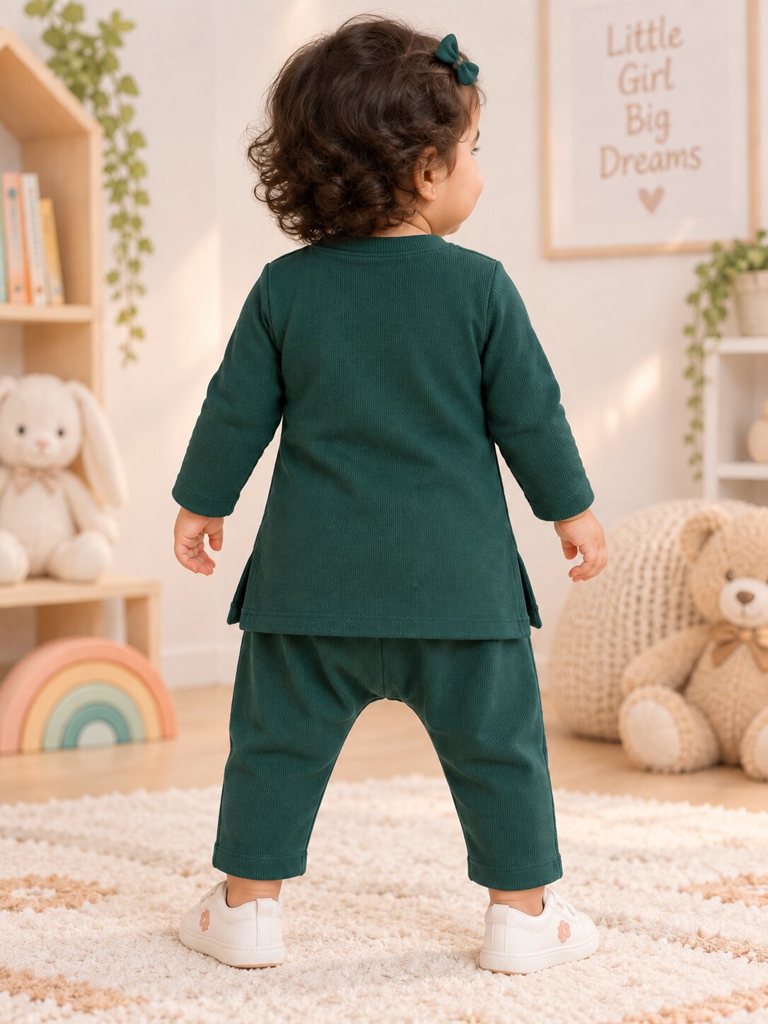 Pspeaches Baby Girls Western Dark Green Cotton Rib Full Sleeves Round Neck Solid Embroidered Top with Pant 2 Piece Set ( Sku-Ing-S-Coordgreen )