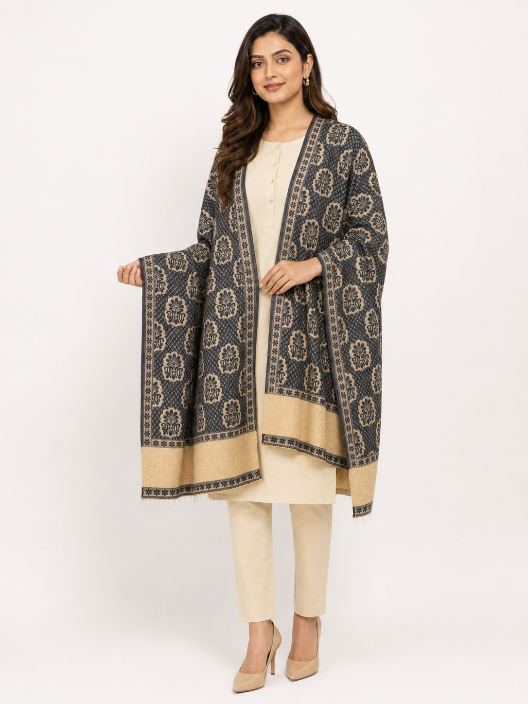 Pspeaches Women's Navy Blue Acrylic Raised Floral Woolen Shawl