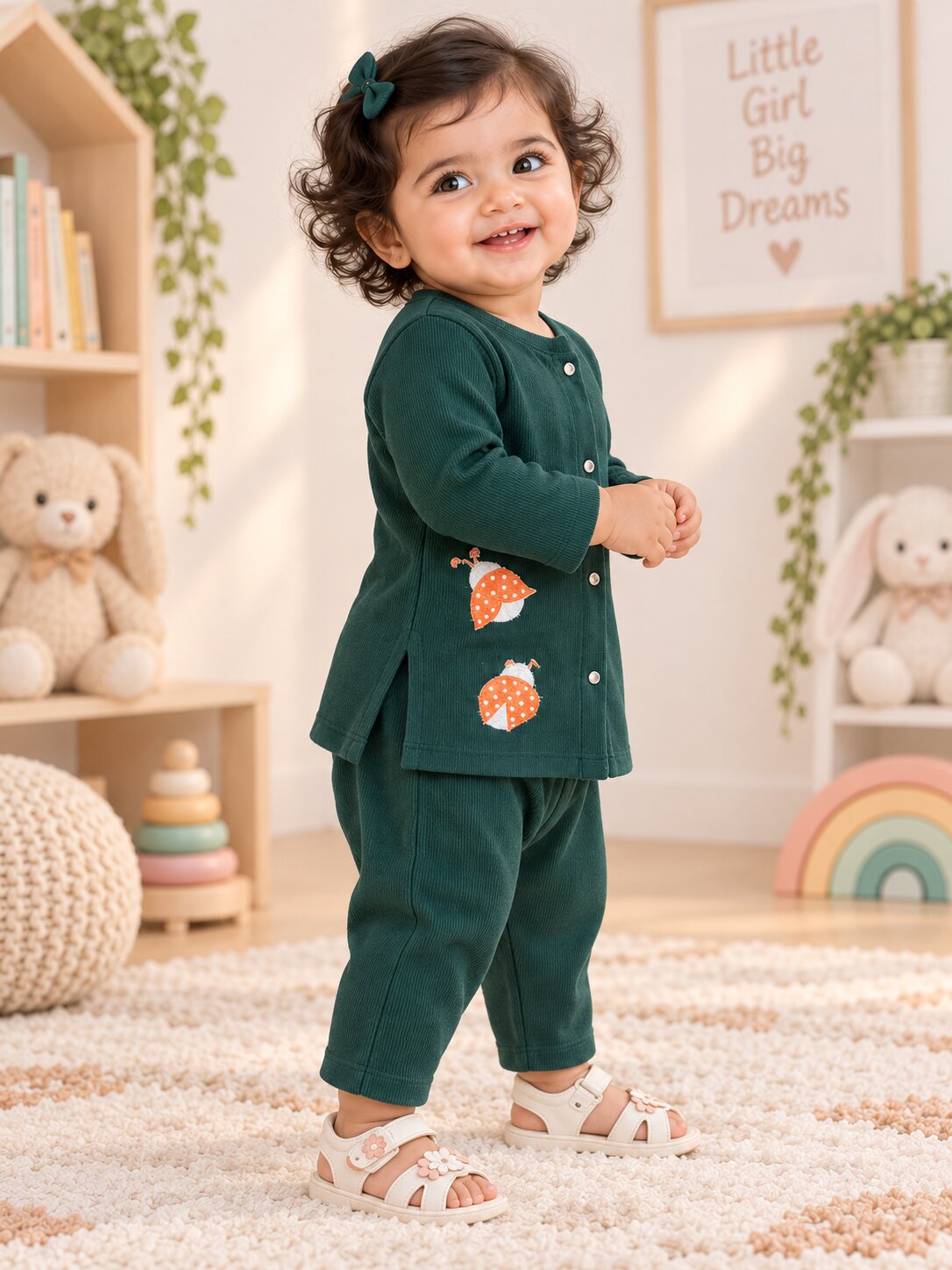 Pspeaches Baby Girls Western Dark Green Cotton Rib Full Sleeves Round Neck Solid Embroidered Top with Pant 2 Piece Set ( Sku-Ing-S-Coordgreen )