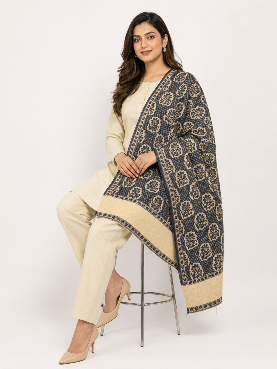 Pspeaches Women's Navy Blue Acrylic Raised Floral Woolen Shawl