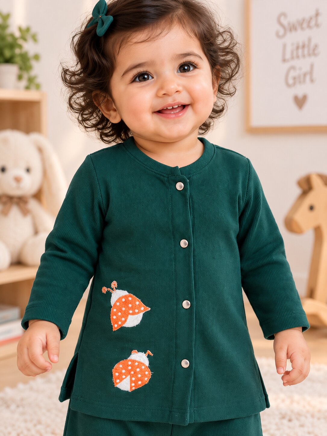 Pspeaches Baby Girls Western Dark Green Cotton Rib Full Sleeves Round Neck Solid Embroidered Top with Pant 2 Piece Set ( Sku-Ing-S-Coordgreen )
