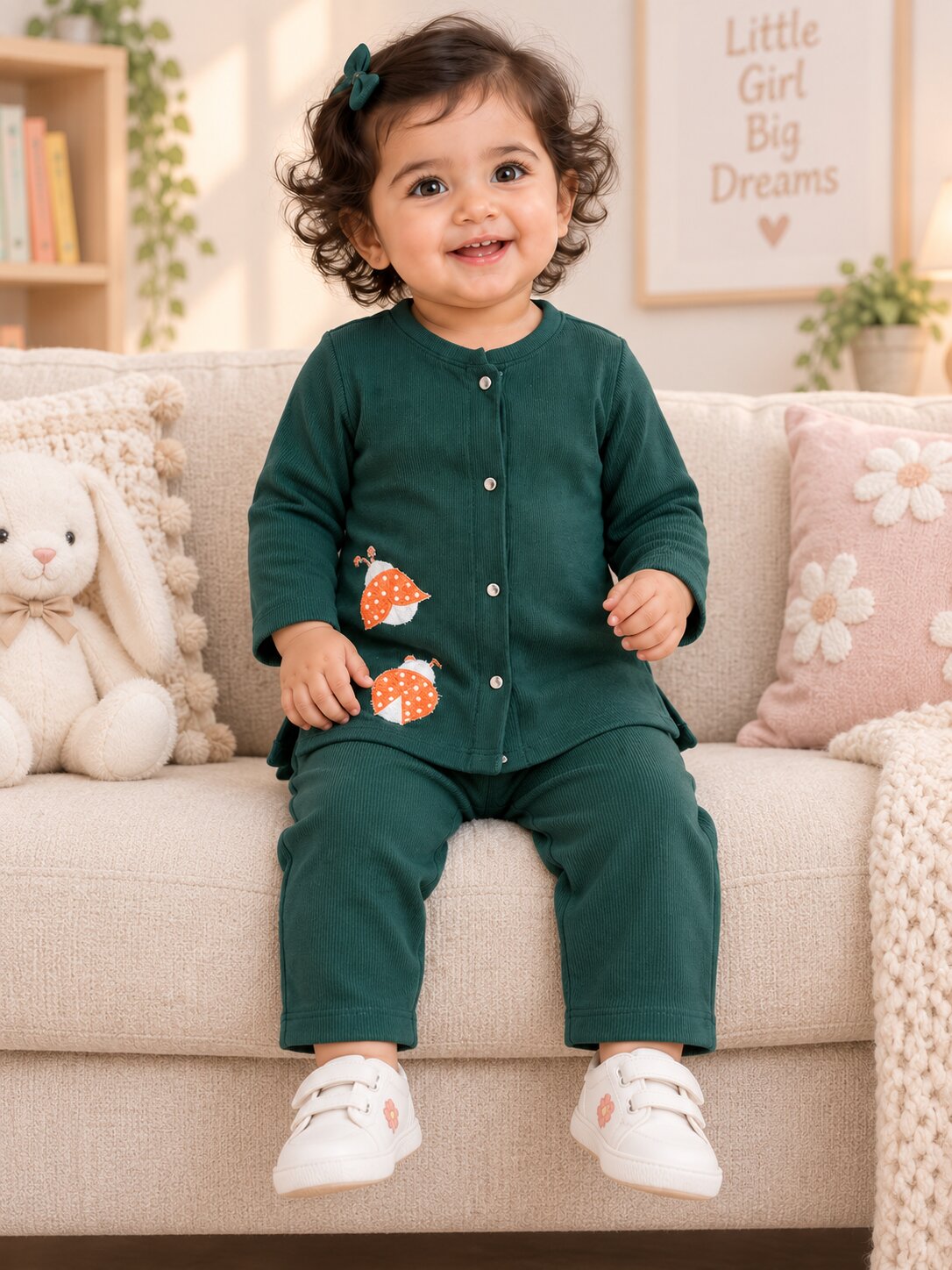 Pspeaches Baby Girls Western Dark Green Cotton Rib Full Sleeves Round Neck Solid Embroidered Top with Pant 2 Piece Set ( Sku-Ing-S-Coordgreen )