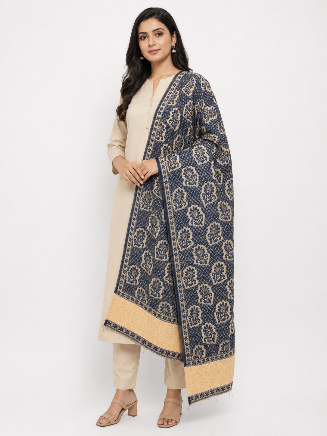 Pspeaches Women's Navy Blue Acrylic Raised Floral Woolen Shawl