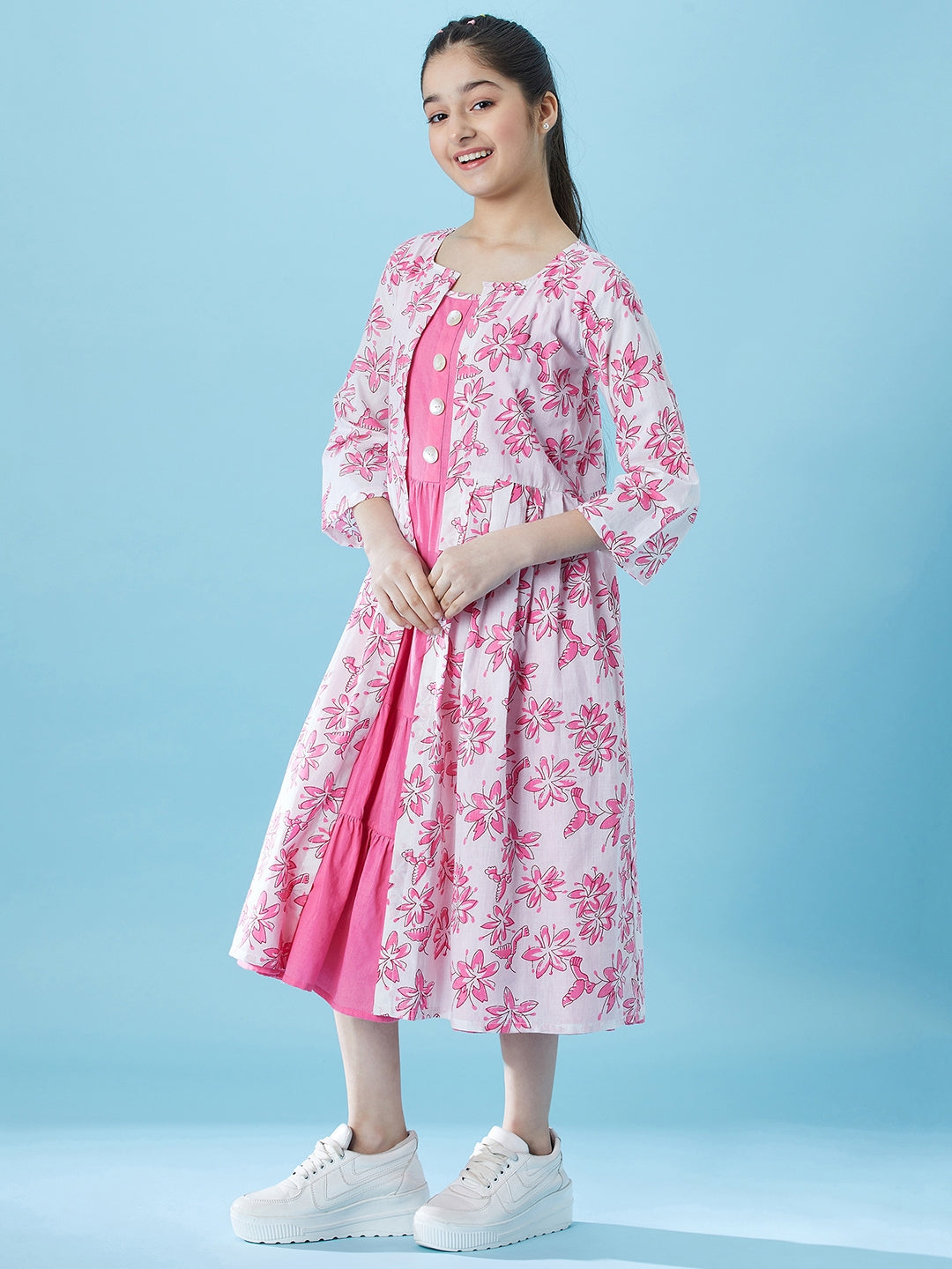 Girls Fit And Flare Tiered Cotton Midi Dress With Shrug (IW-BIRDPINK)