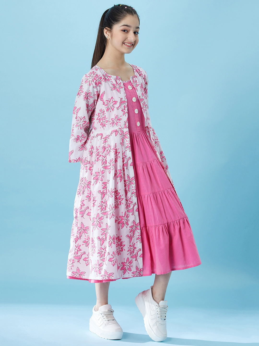 Girls Fit And Flare Tiered Cotton Midi Dress With Shrug (IW-BIRDPINK)