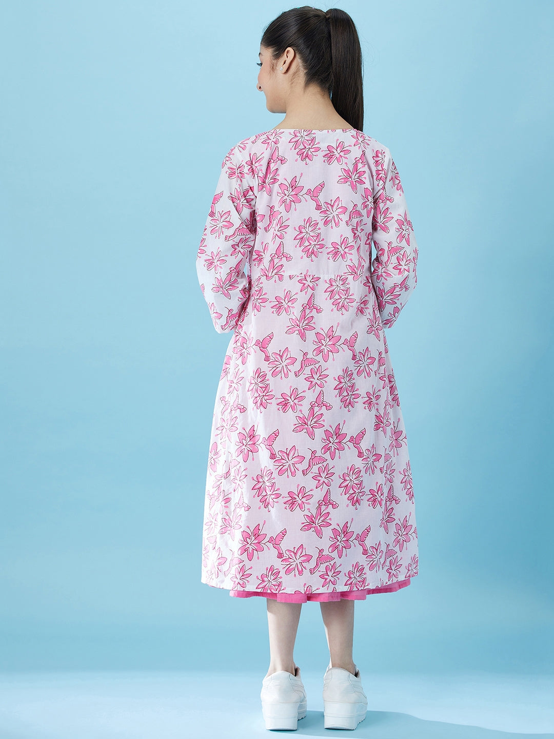 Girls Fit And Flare Tiered Cotton Midi Dress With Shrug (IW-BIRDPINK)