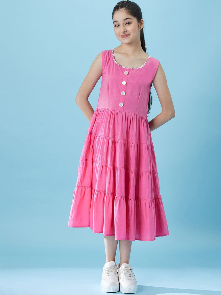 Girls Fit And Flare Tiered Cotton Midi Dress With Shrug (IW-BIRDPINK)