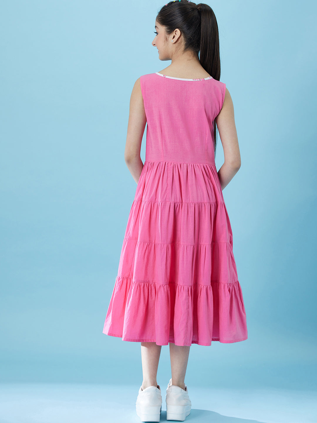Girls Fit And Flare Tiered Cotton Midi Dress With Shrug (IW-BIRDPINK)