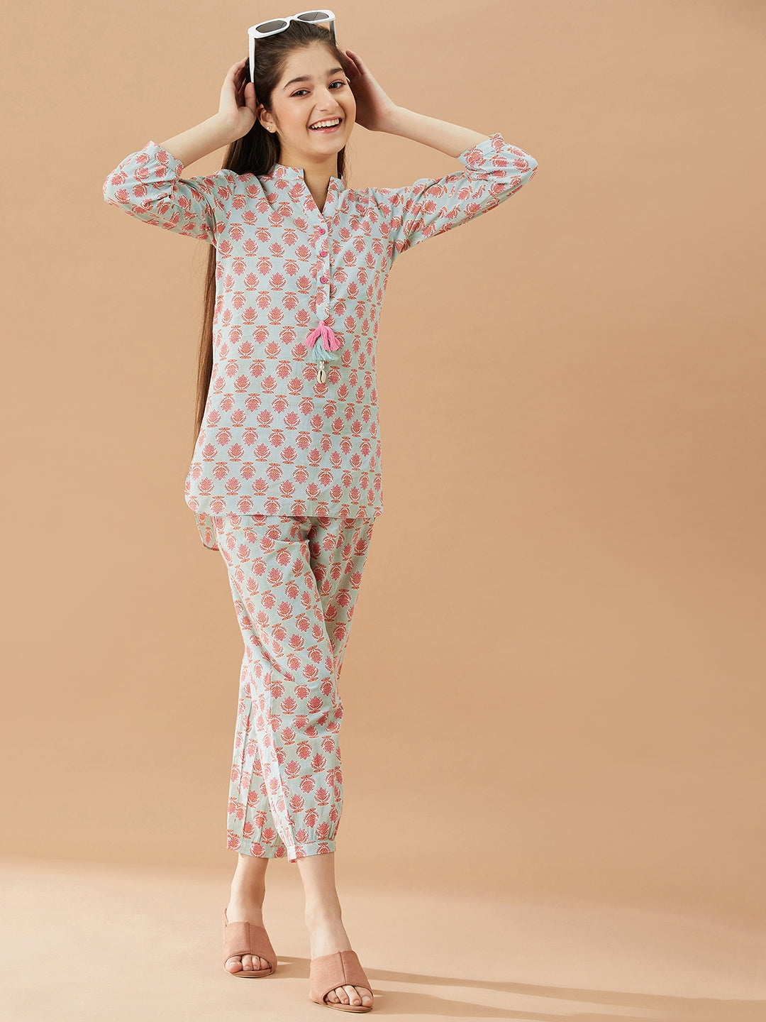 Girls Printed Pure Cotton Tunic With Trousers (IW-BLUEBOOTICOORD)