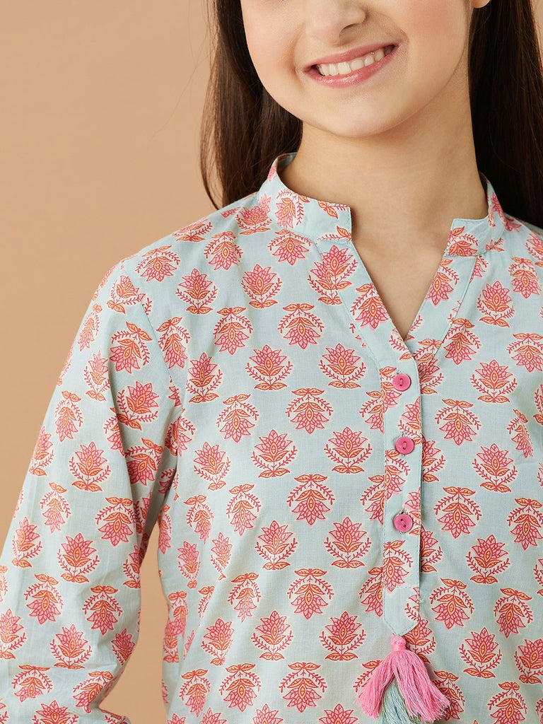 Girls Printed Pure Cotton Tunic With Trousers (IW-BLUEBOOTICOORD)