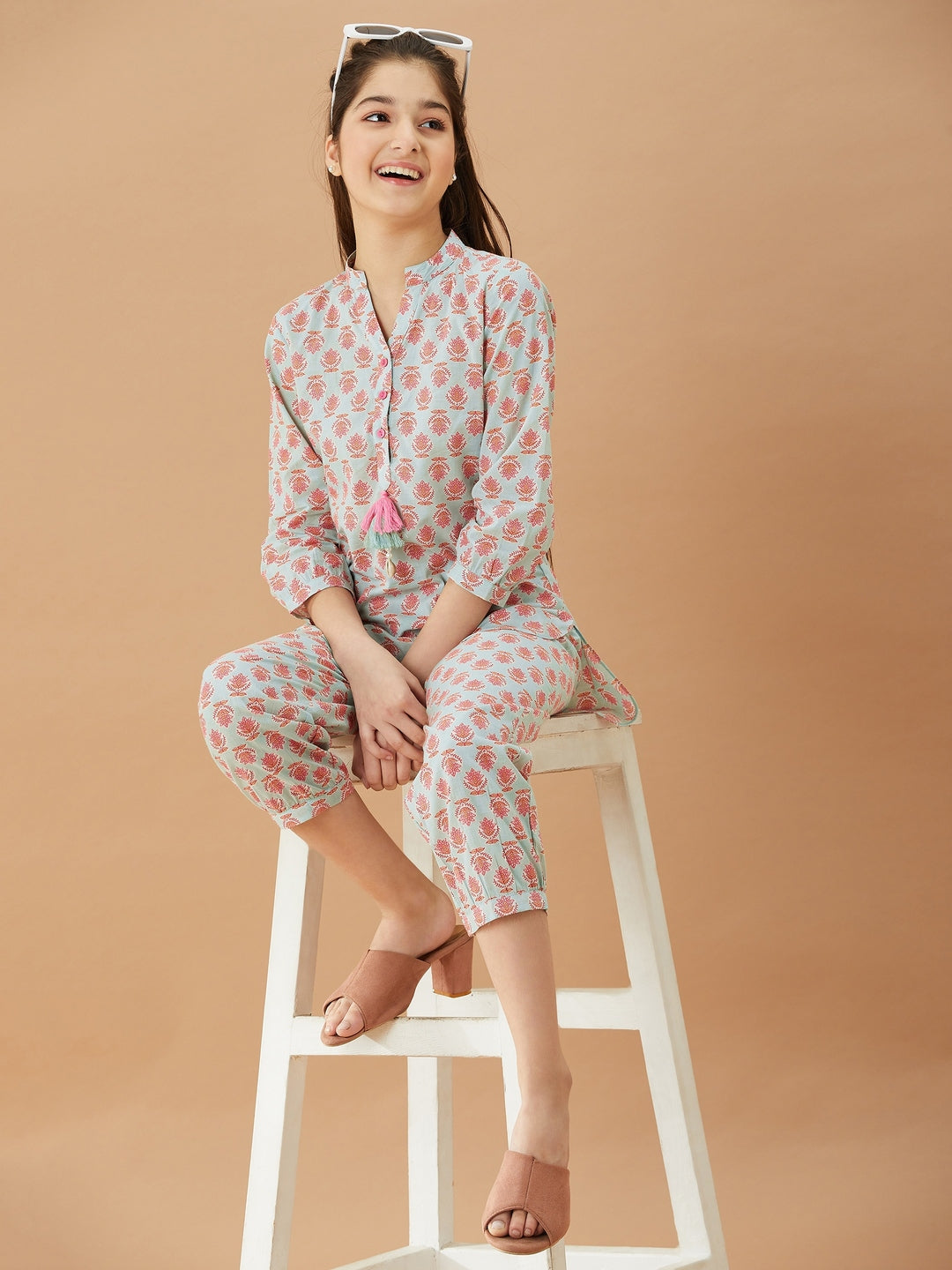 Girls Printed Pure Cotton Tunic With Trousers (IW-BLUEBOOTICOORD)