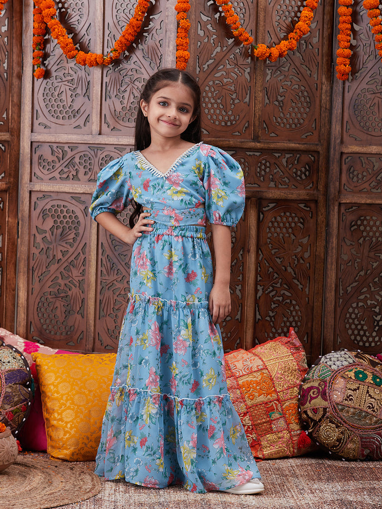 Pspeaches Girls Floral Printed Top With Skirt (IW-BLUEGGT)