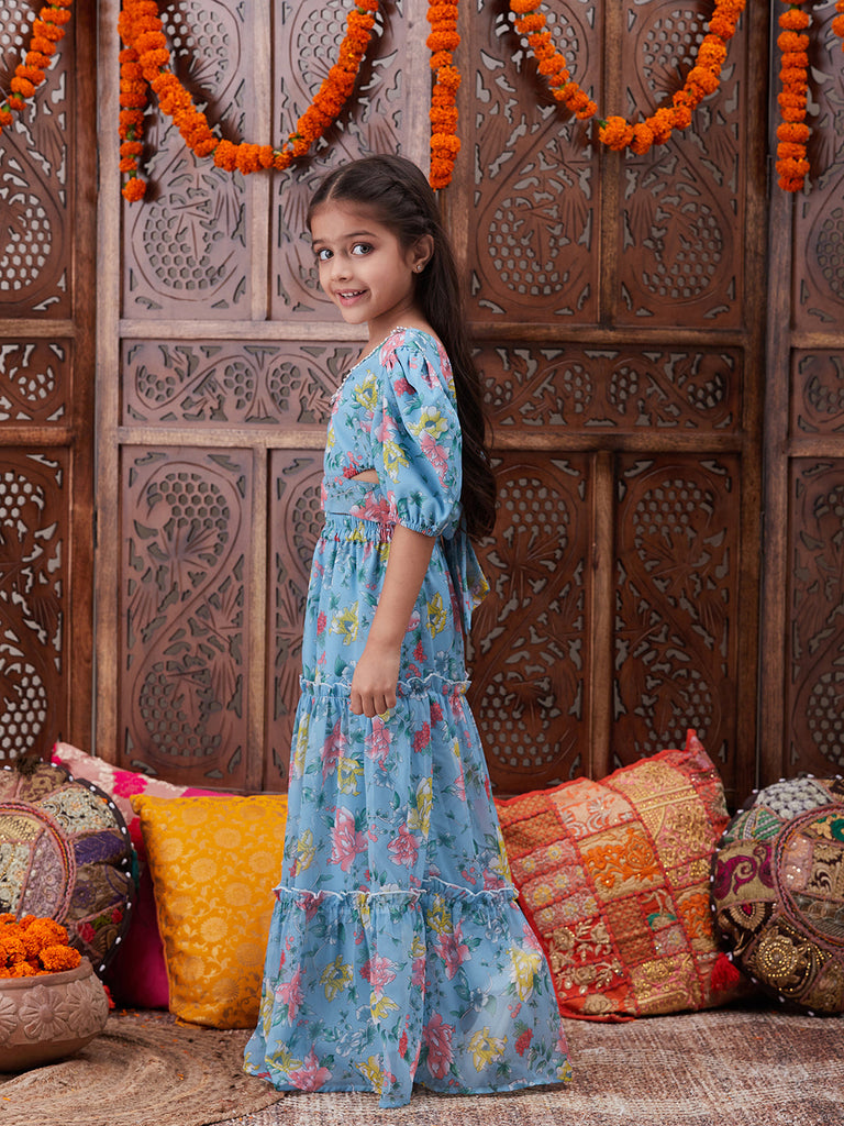 Pspeaches Girls Floral Printed Top With Skirt (IW-BLUEGGT)