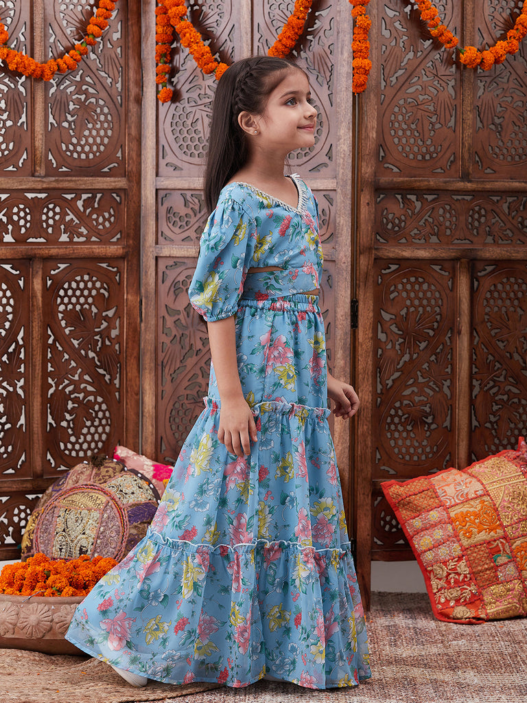 Pspeaches Girls Floral Printed Top With Skirt (IW-BLUEGGT)