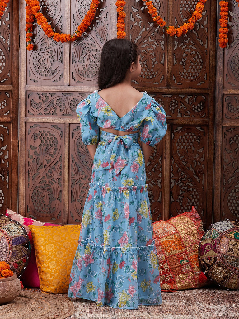 Pspeaches Girls Floral Printed Top With Skirt (IW-BLUEGGT)
