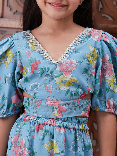 Pspeaches Girls Floral Printed Top With Skirt (IW-BLUEGGT)