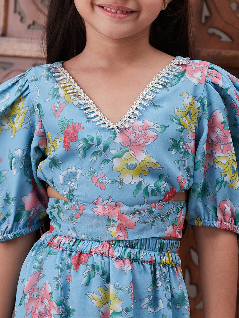 Pspeaches Girls Floral Printed Top With Skirt (IW-BLUEGGT)