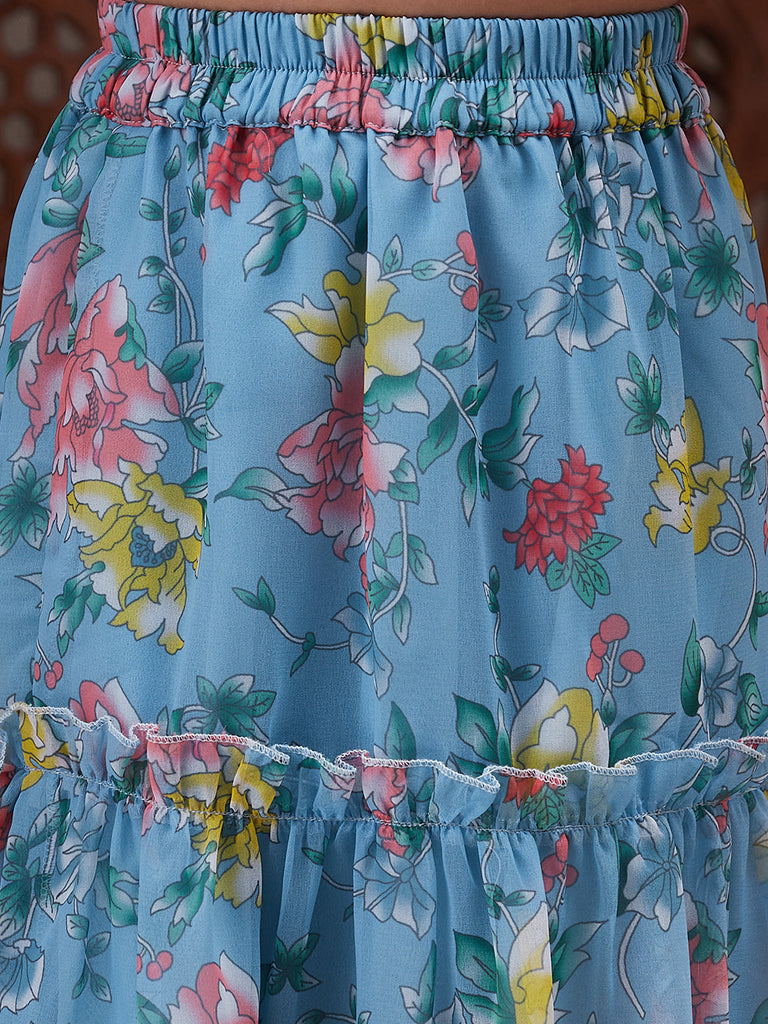 Pspeaches Girls Floral Printed Top With Skirt (IW-BLUEGGT)