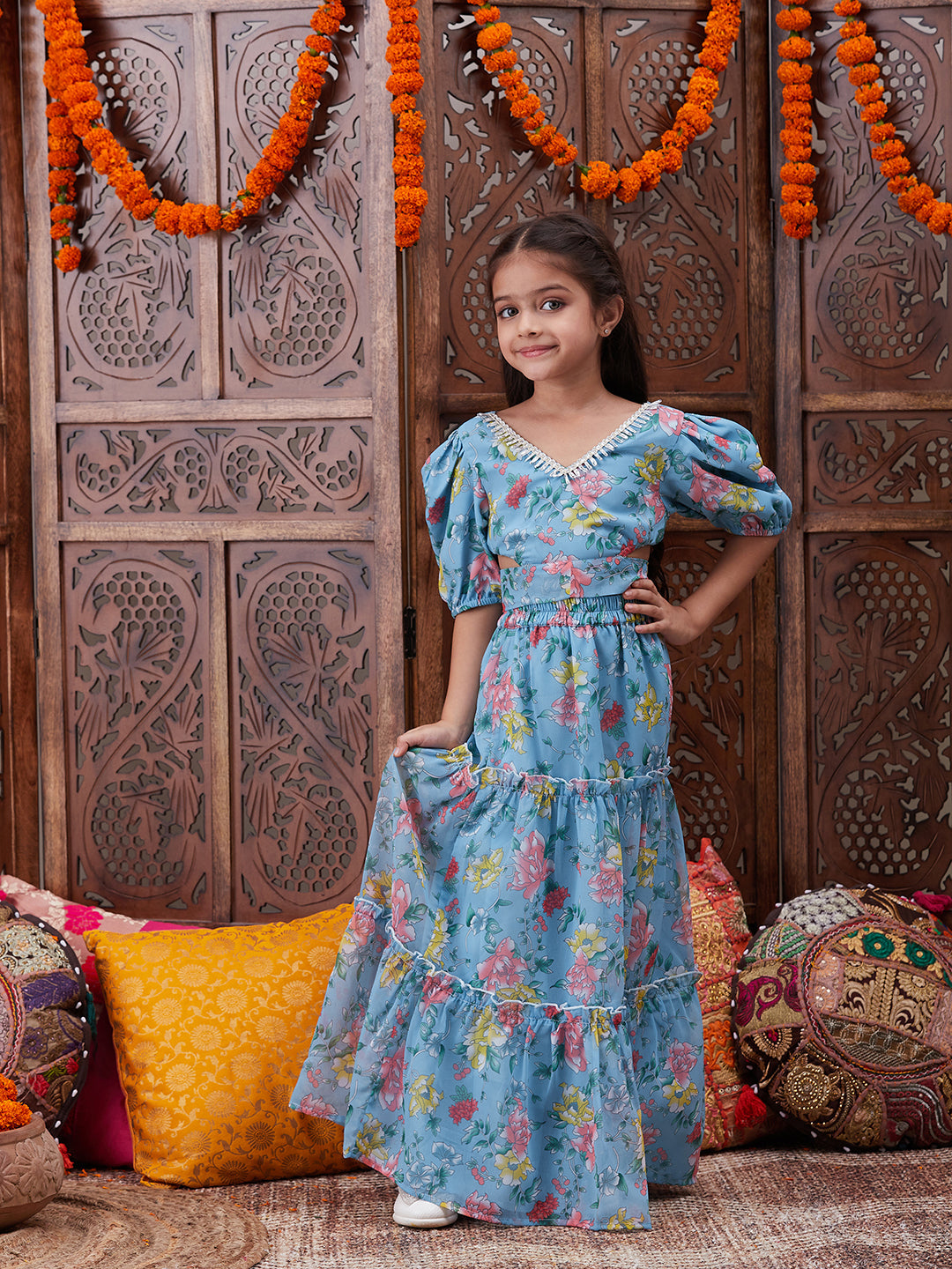 Pspeaches Girls Floral Printed Top With Skirt (IW-BLUEGGT)