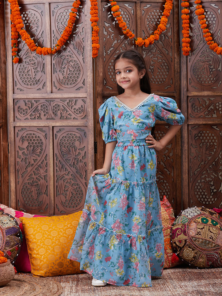 Pspeaches Girls Floral Printed Top With Skirt (IW-BLUEGGT)