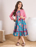 Girls Blue & pink Floral Printed Cotton A-Line Round collar Sleeveless Midi Dress (IW-BLUEPINKLEHRIYA)
