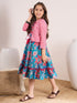 Girls Blue & pink Floral Printed Cotton A-Line Round collar Sleeveless Midi Dress (IW-BLUEPINKLEHRIYA)