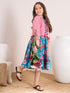 Girls Blue & pink Floral Printed Cotton A-Line Round collar Sleeveless Midi Dress (IW-BLUEPINKLEHRIYA)