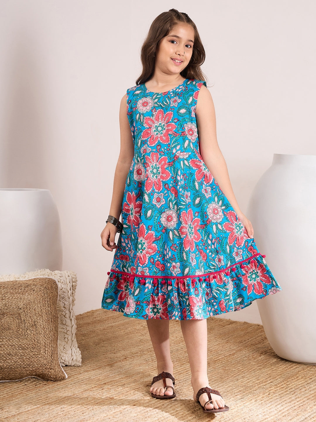 Girls Blue & pink Floral Printed Cotton A-Line Round collar Sleeveless Midi Dress (IW-BLUEPINKLEHRIYA)