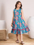 Girls Blue & pink Floral Printed Cotton A-Line Round collar Sleeveless Midi Dress (IW-BLUEPINKLEHRIYA)