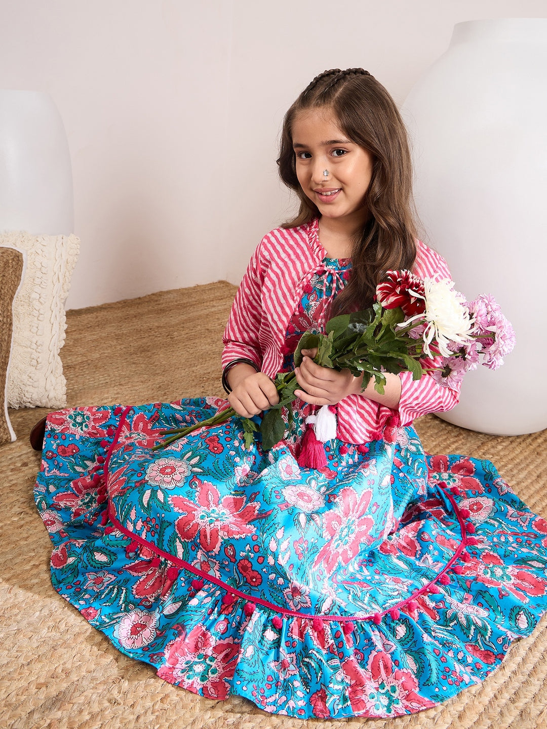 Girls Blue & pink Floral Printed Cotton A-Line Round collar Sleeveless Midi Dress (IW-BLUEPINKLEHRIYA)
