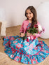 Girls Blue & pink Floral Printed Cotton A-Line Round collar Sleeveless Midi Dress (IW-BLUEPINKLEHRIYA)