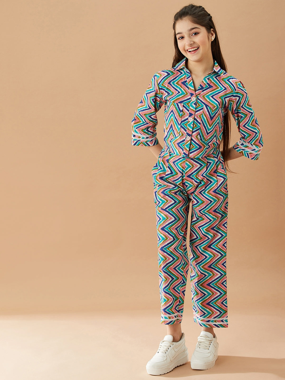 Girls Printed Pure Cotton Shirt with Trousers (IW-CHEVRONSET)