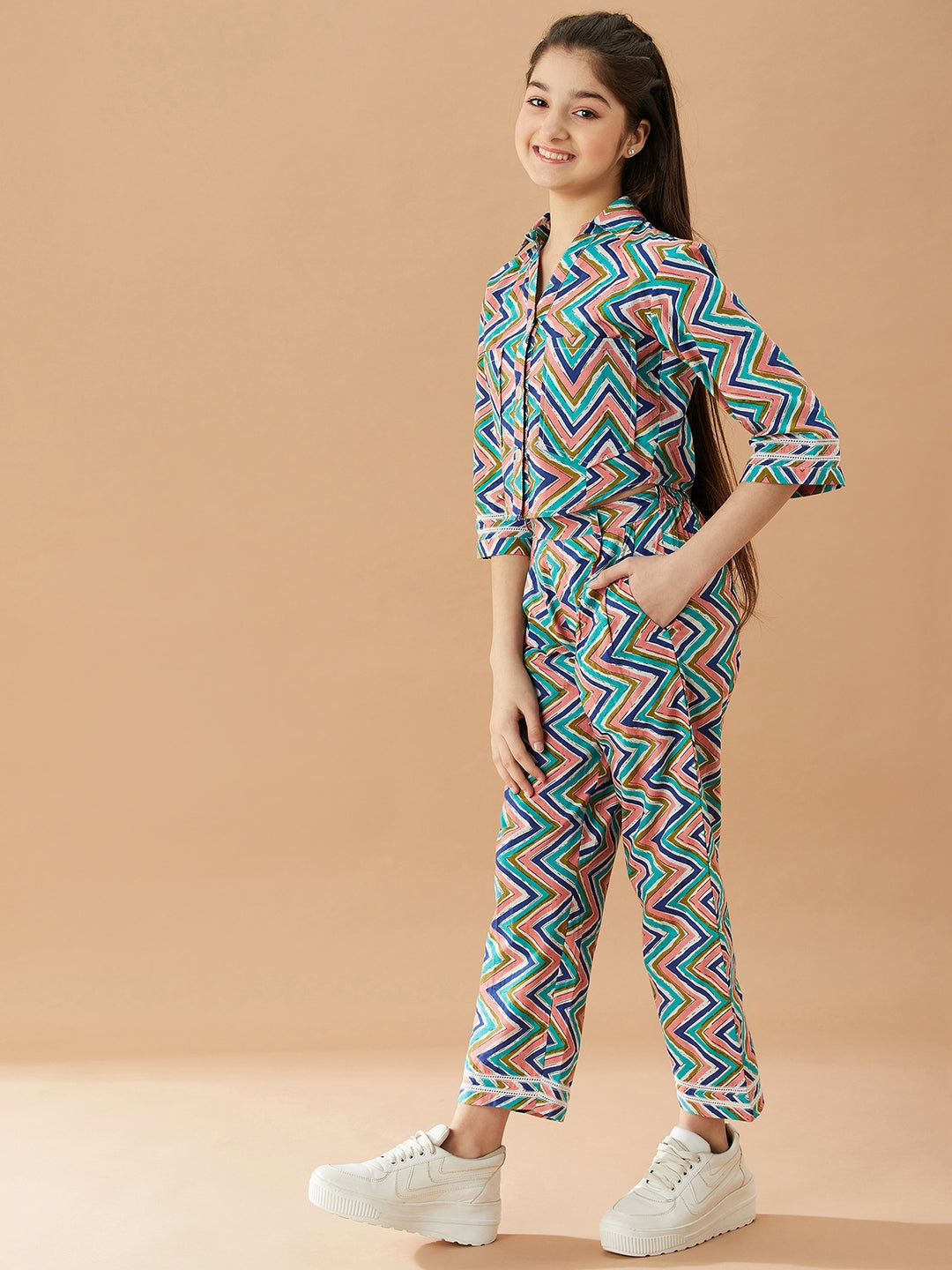 Girls Printed Pure Cotton Shirt with Trousers (IW-CHEVRONSET)