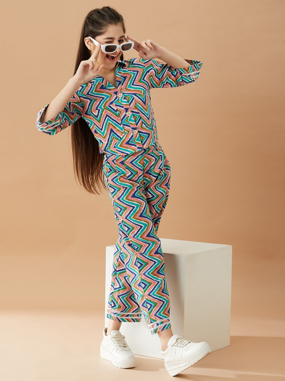 Girls Printed Pure Cotton Shirt with Trousers (IW-CHEVRONSET)