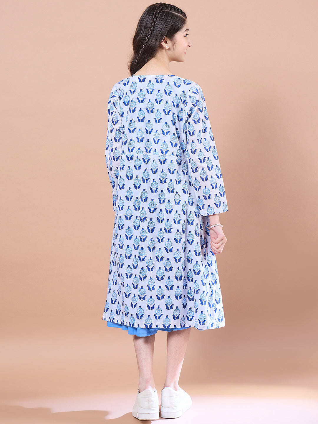 Girls Floral Print Round Neck Sleeveless Tiered Midi Fit & Flared Cotton Dress (IW-FIROZIBOOTI)