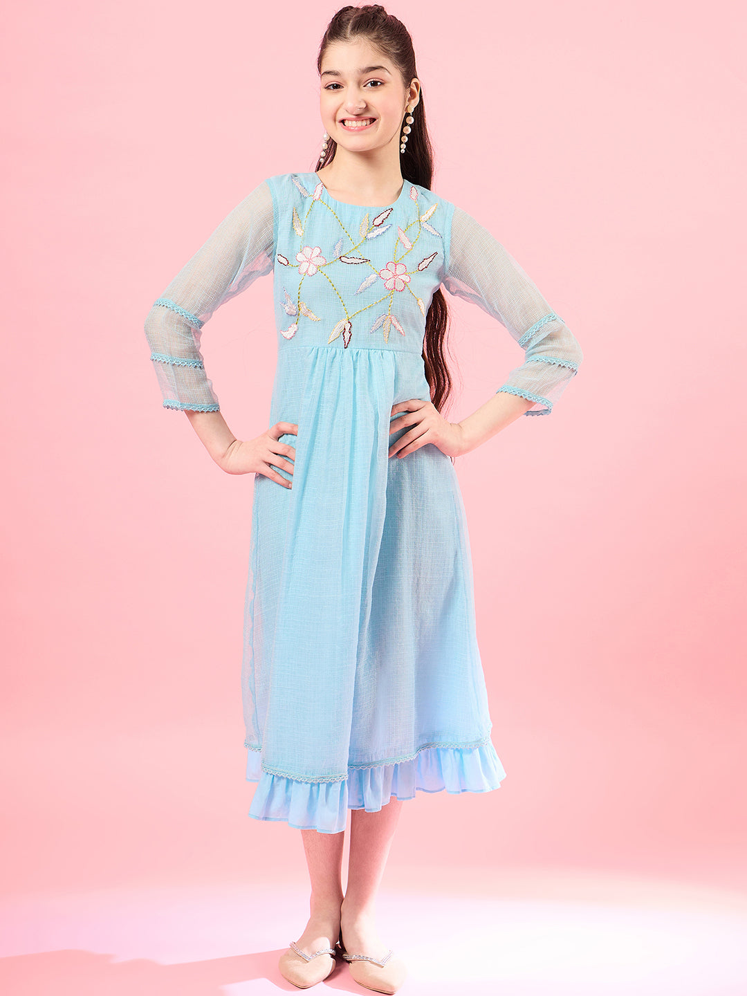 Blue solid self design fit & flare dress Long Sleeves Round Neck Cotton Midi Dress (IW-FIROZIKOTAEMB)
