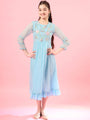Blue solid self design fit & flare dress Long Sleeves Round Neck Cotton Midi Dress (IW-FIROZIKOTAEMB)