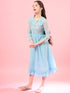 Blue solid self design fit & flare dress Long Sleeves Round Neck Cotton Midi Dress (IW-FIROZIKOTAEMB)