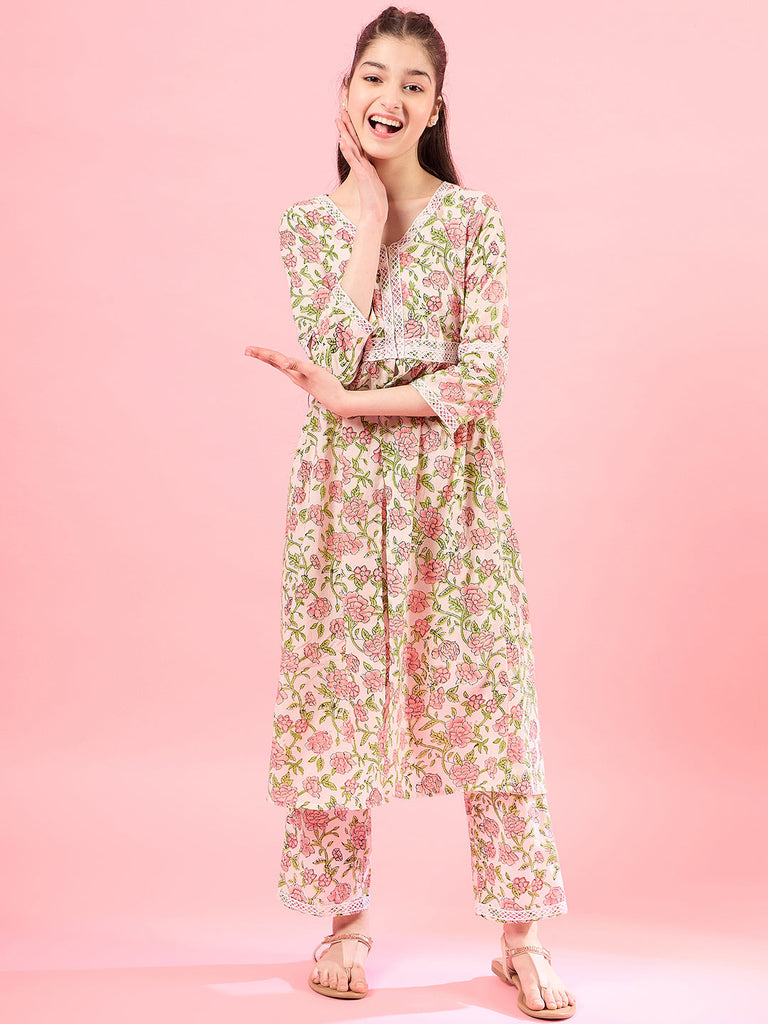 Girls Floral V-Neck Gotta Patti Pure Cotton A-Line Empire Kurta With Trouser (IW-FLORALJAAL)