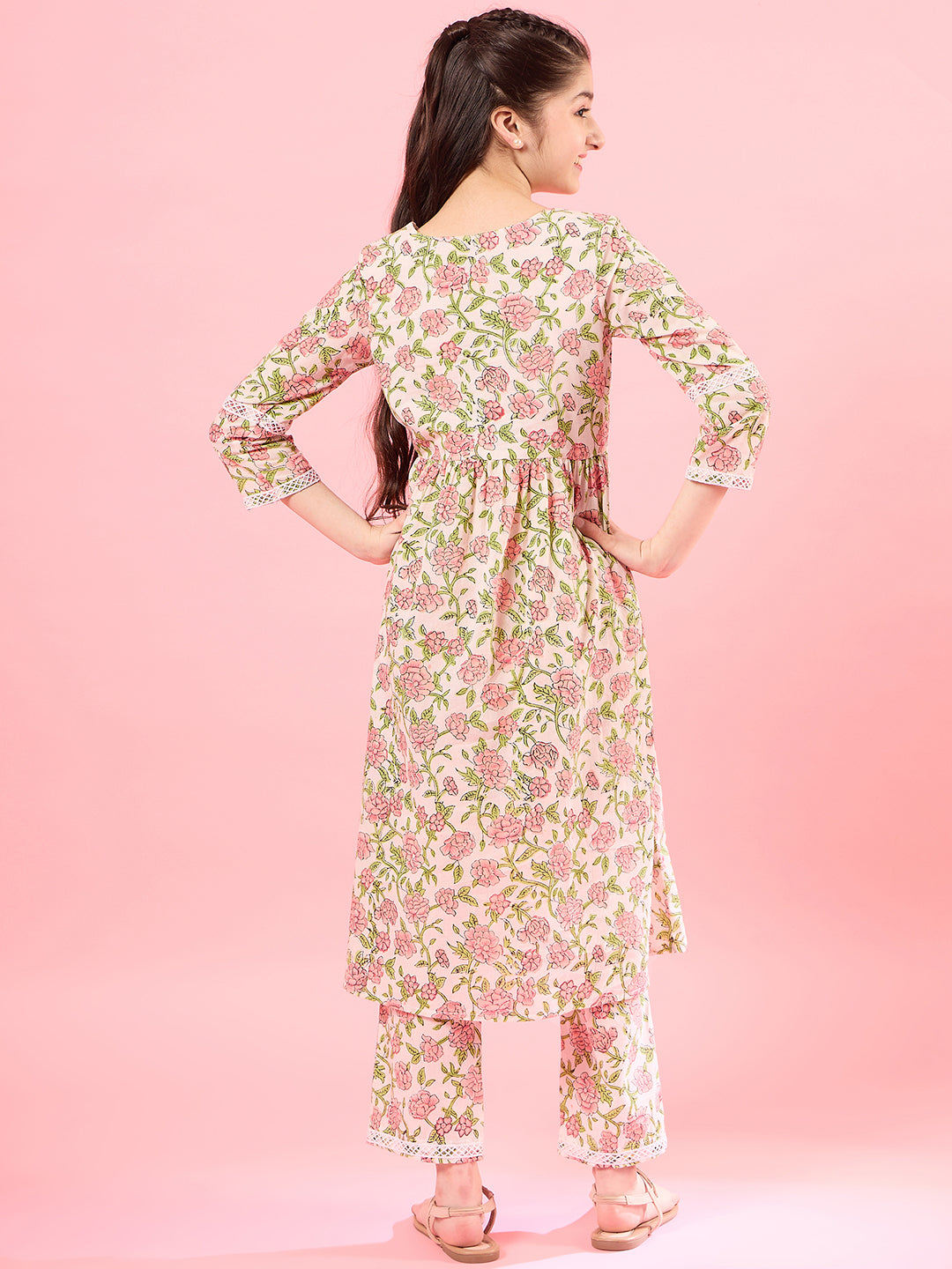 Girls Floral V-Neck Gotta Patti Pure Cotton A-Line Empire Kurta With Trouser (IW-FLORALJAAL)