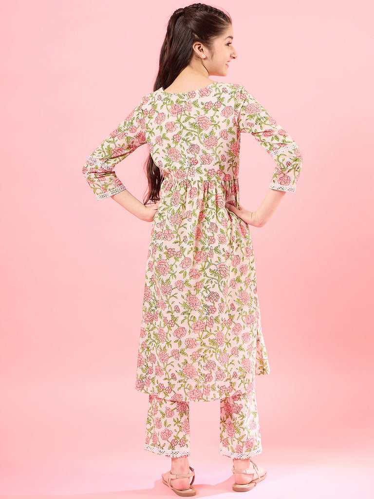 Girls Floral V-Neck Gotta Patti Pure Cotton A-Line Empire Kurta With Trouser (IW-FLORALJAAL)