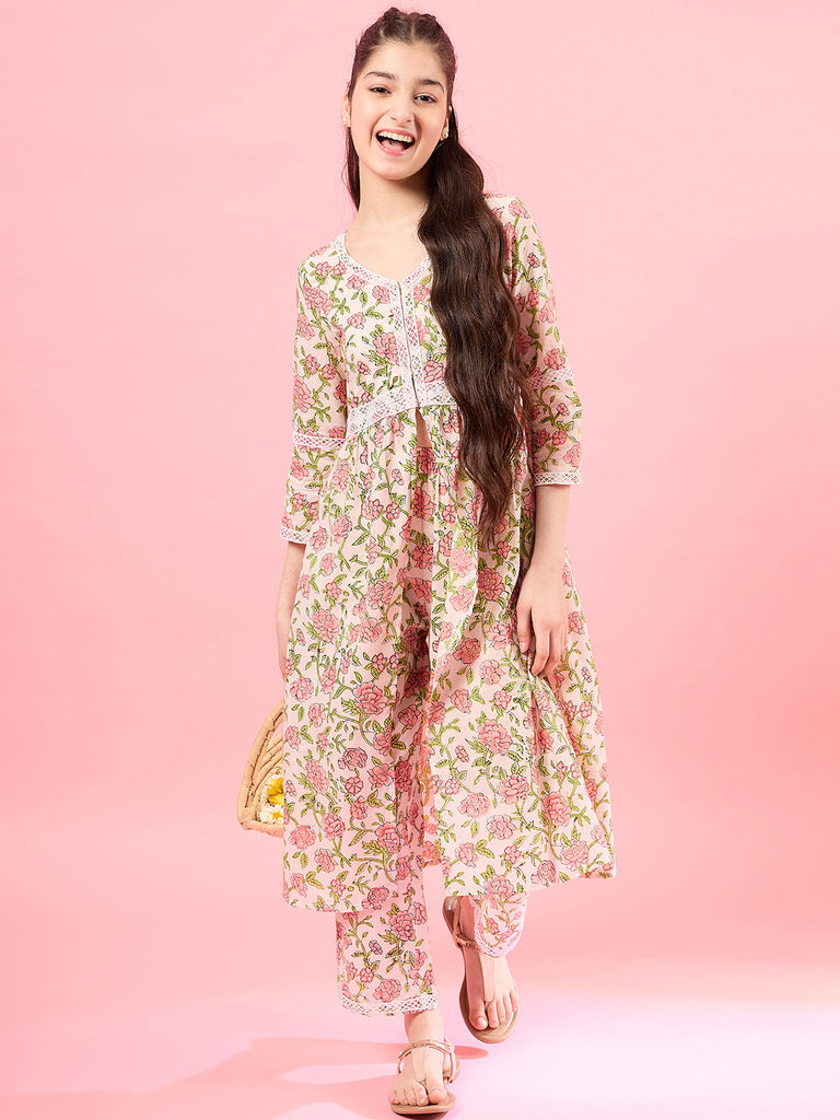 Girls Floral V-Neck Gotta Patti Pure Cotton A-Line Empire Kurta With Trouser (IW-FLORALJAAL)