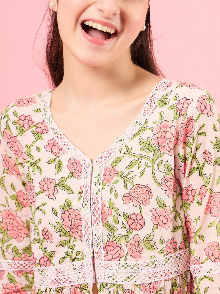 Girls Floral V-Neck Gotta Patti Pure Cotton A-Line Empire Kurta With Trouser (IW-FLORALJAAL)