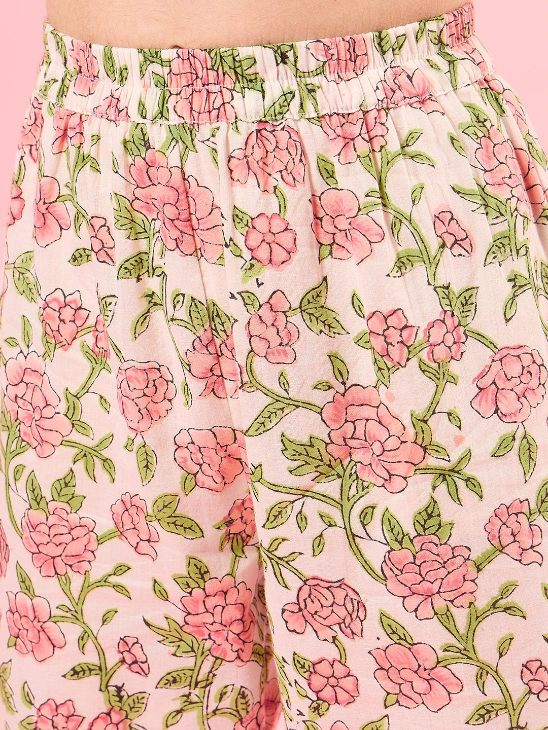 Girls Floral V-Neck Gotta Patti Pure Cotton A-Line Empire Kurta With Trouser (IW-FLORALJAAL)