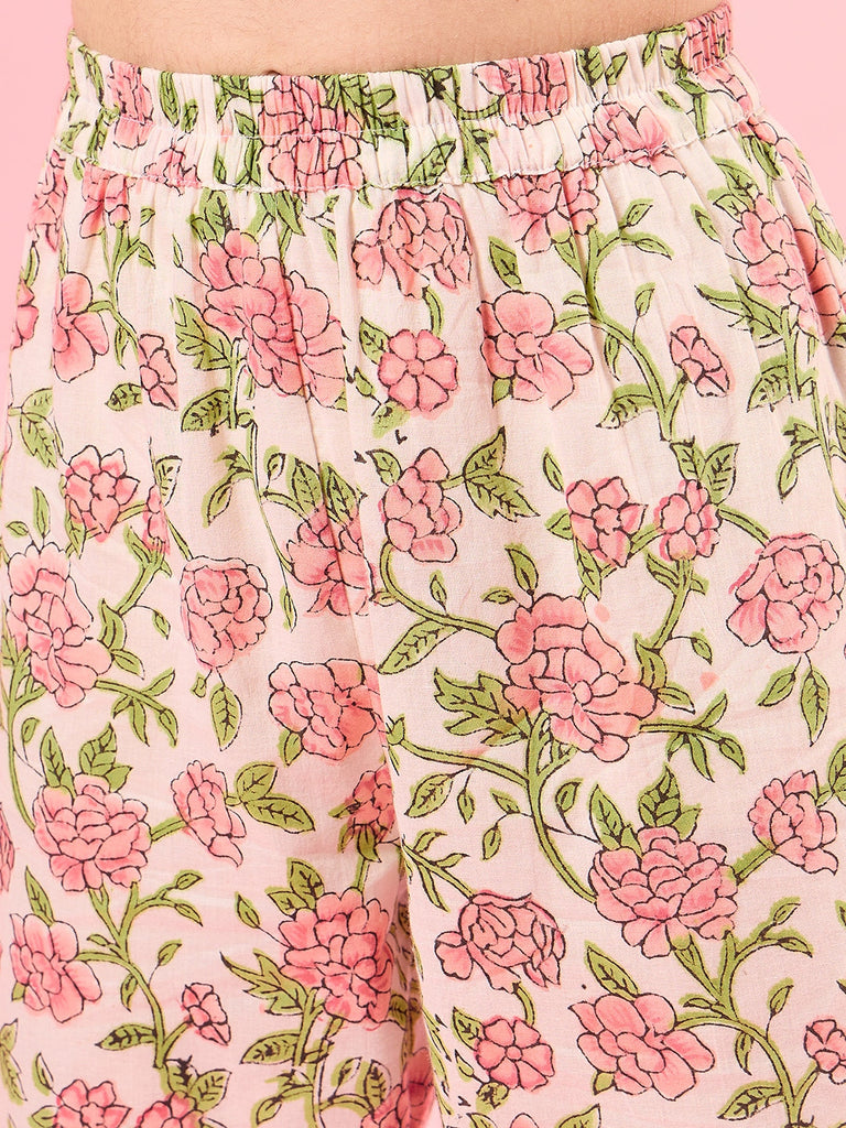 Girls Floral V-Neck Gotta Patti Pure Cotton A-Line Empire Kurta With Trouser (IW-FLORALJAAL)